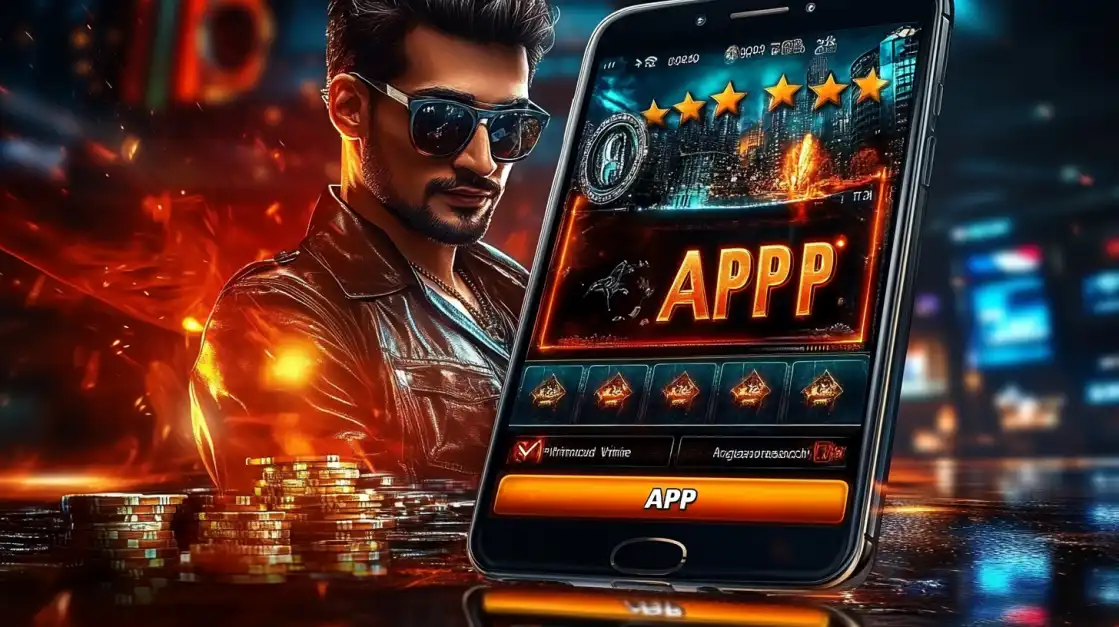 A confident man with sunglasses presents the five-star rated bgd99 gaming APPP, with gold coins in the foreground to symbolize the winning potential.