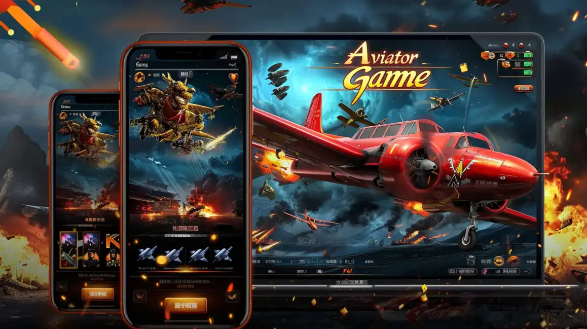 The thrilling Aviator game showcased on a laptop and mobile phones, featuring a red airplane soaring through an action-packed sky. Play this popular game at bgd99.