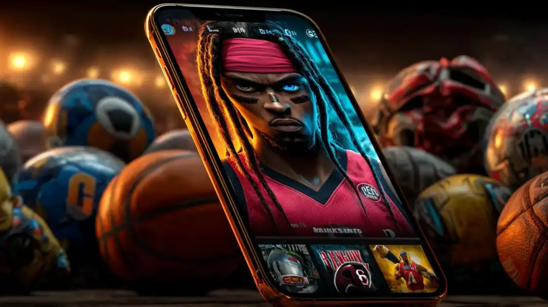 A smartphone showcasing the intense world of American sports betting on the bgd99 app, featuring a powerful player and various sports equipment in the background.