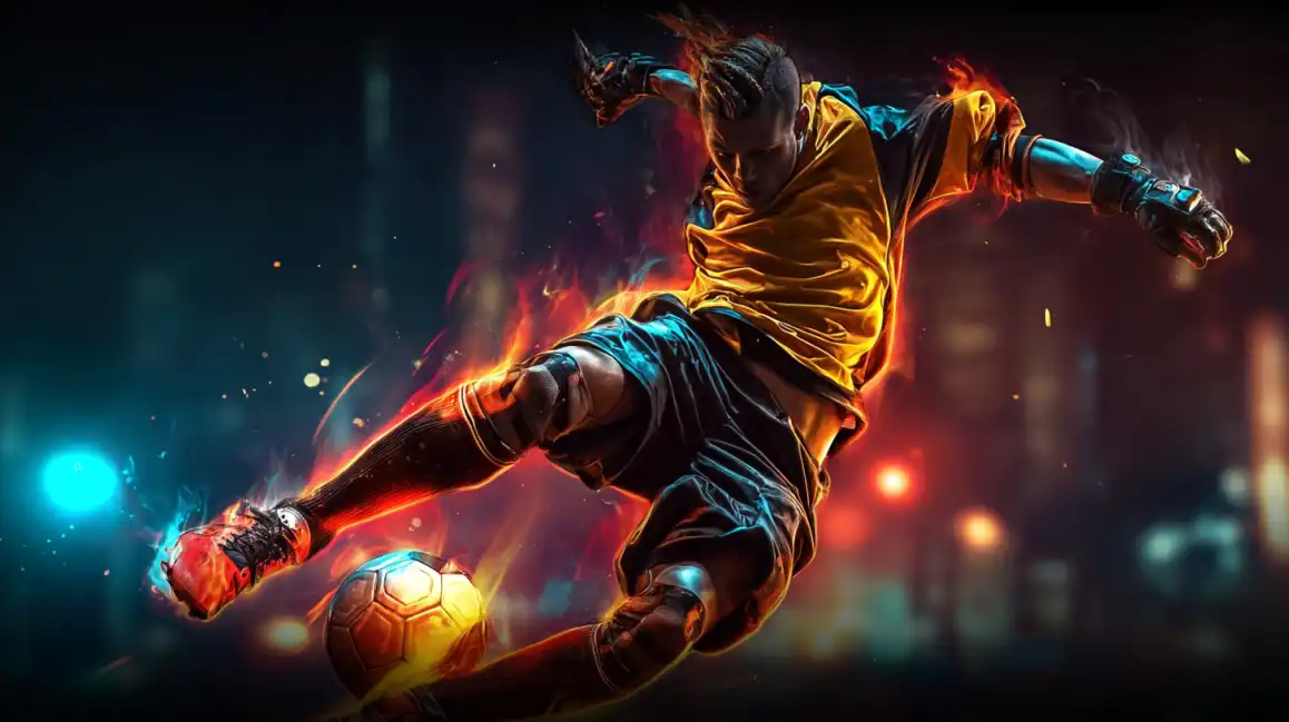 A dynamic football player mid-kick, engulfed in flames and energy, representing the high-octane action of sports betting available on the bgd99 platform.