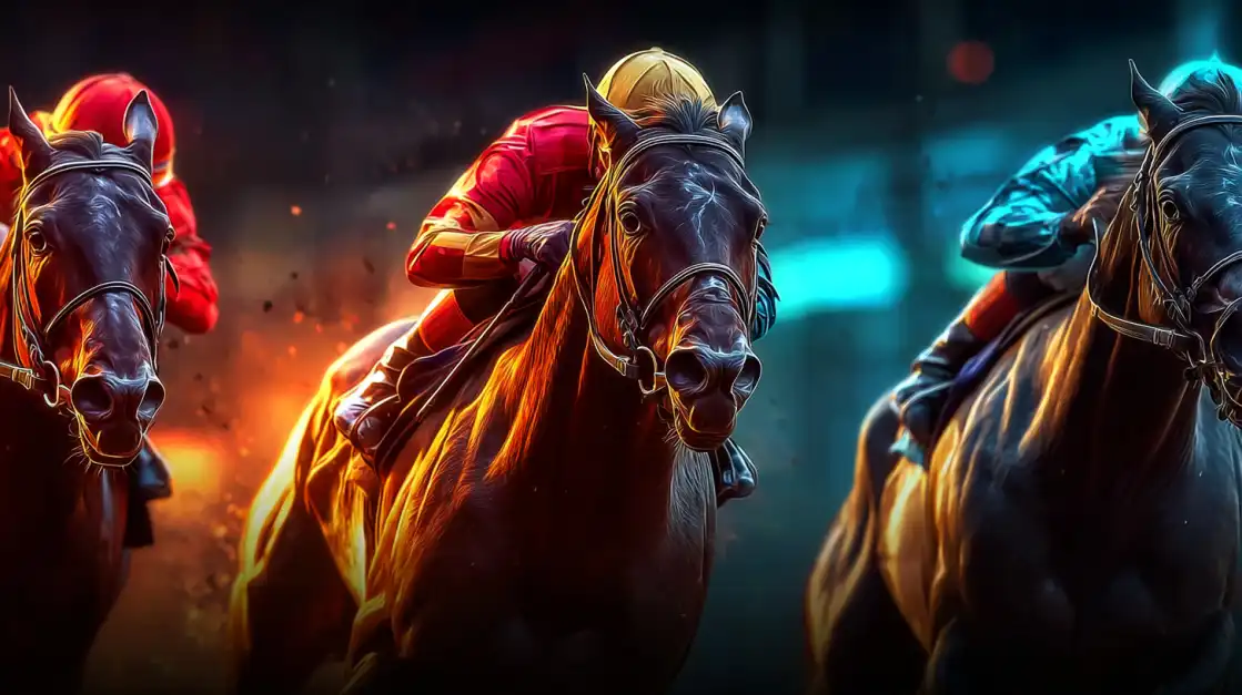 A dramatic close-up of jockeys racing powerful horses, capturing the speed and excitement of horse race betting that you can enjoy at bgd99 sportsbook.