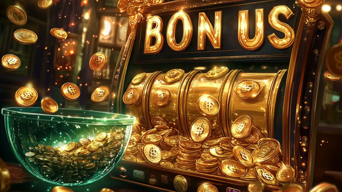 Claim Your Generous Casino Bonus at bgd99 A luxurious golden slot machine hitting a BONUS, with gold coins pouring out, symbolizing the generous bonuses and jackpots available to players at bgd99 casino.