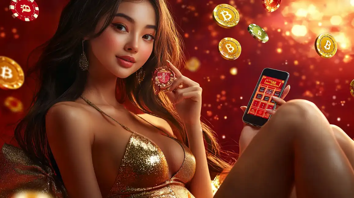 Play with Bitcoin on the bgd99 Mobile App A glamorous woman holding a phone and a casino chip, surrounded by floating Bitcoin coins, promoting the seamless crypto gaming experience on the bgd99 mobile platform.