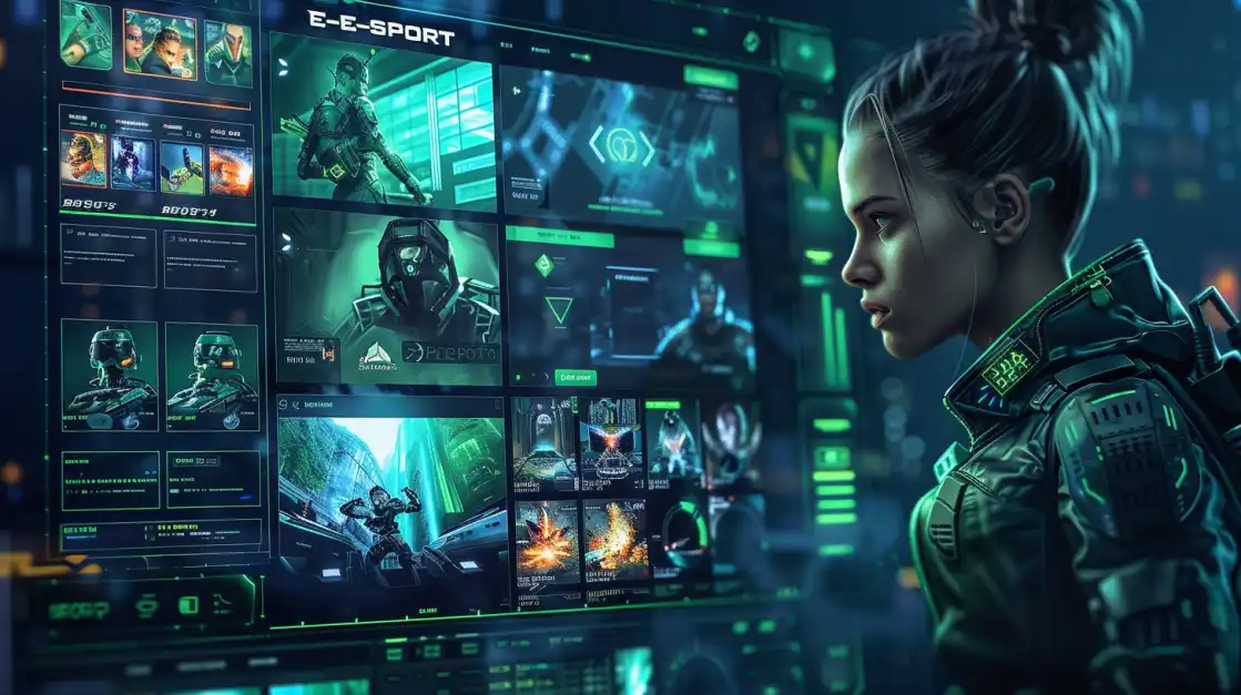 A woman in tactical gear studies a futuristic e-sports betting dashboard on bgd99, filled with game stats and live feeds, for an advanced betting experience.