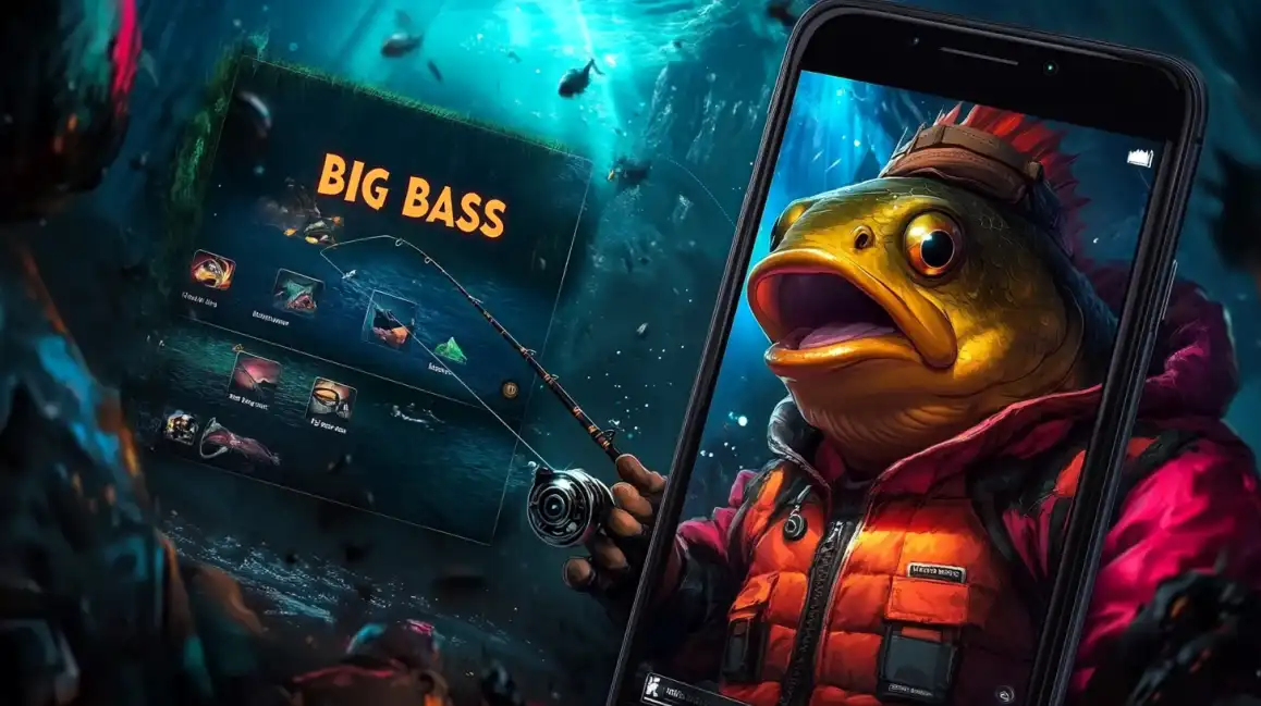 Play the Famous Big Bass Fishing Game on bgd99 The iconic Big Bass character holds a smartphone showcasing the mobile version of the popular fishing slot game, which you can play anytime on the bgd99 platform.
