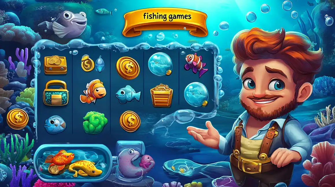 Catch Big Wins in bgd99 Fun Fishing Games The colorful and engaging interface of a fishing games slot on bgd99, featuring a friendly cartoon character and reels filled with fish, treasures, and coins.