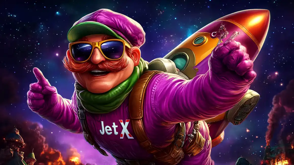 Fly High and Win Big with JetX on bgd99 The dynamic mascot from the JetX crash game, available on bgd99, flies through space with a rocket, representing the high-flying excitement of the game.