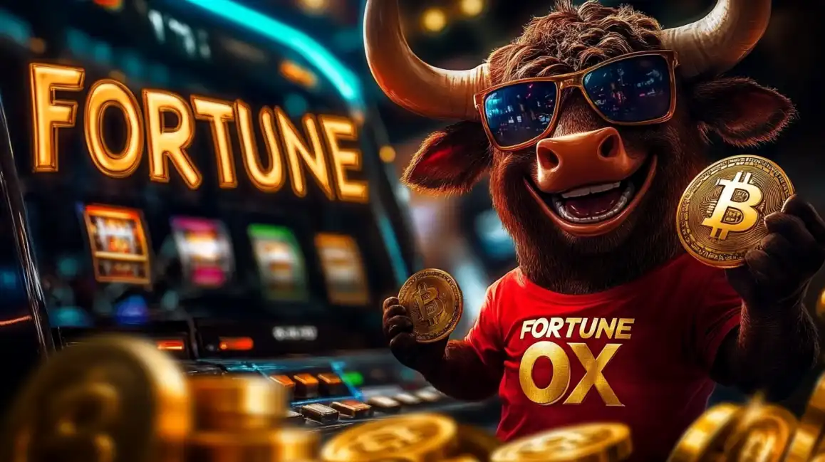 The cheerful Fortune Ox mascot wearing sunglasses and holding Bitcoin, promoting the popular crypto-friendly slot game available for big wins on the bgd99 platform.
