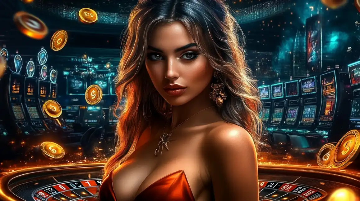 An elegant woman in a red dress stands before a roulette wheel in a luxurious casino, with slot machines and falling gold coins, inviting you to play at bgd99.