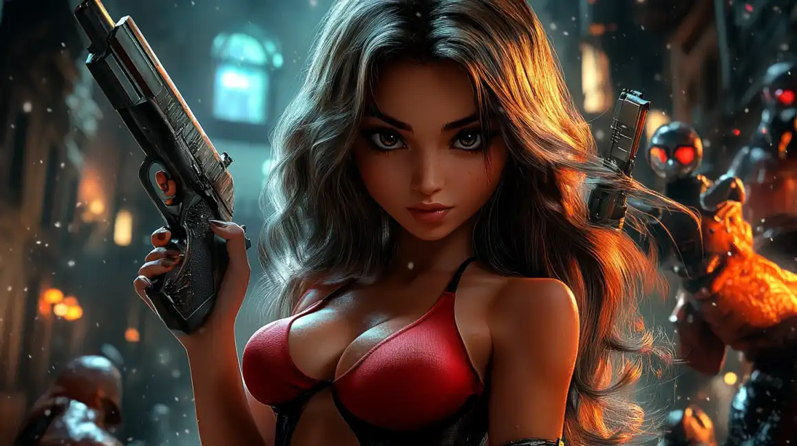 An action hero woman from a shooter-style slot game, holding two guns in a combat scene, showcasing the type of thrilling, action-packed games available at bgd99.