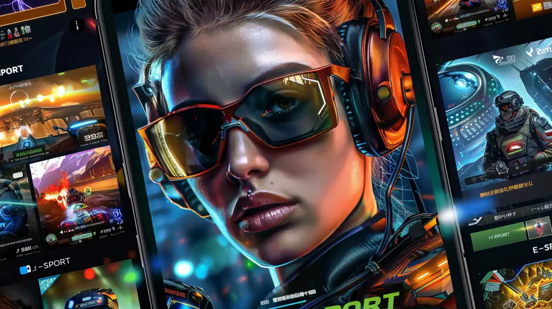 A close-up of a futuristic gamer girl wearing sunglasses and headphones, with the bgd99 e-sports mobile betting app interface reflected, highlighting the immersive experience.