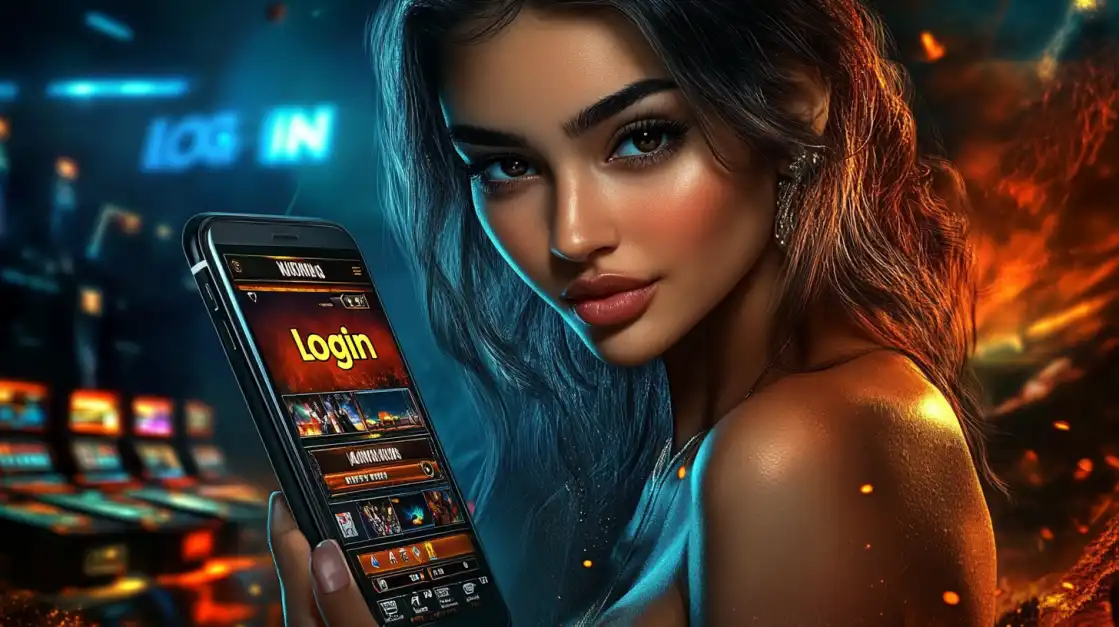Showcasing the quick and easy login process on the bgd99 mobile app, held by a woman against a vibrant backdrop of casino lights, for instant access to games.