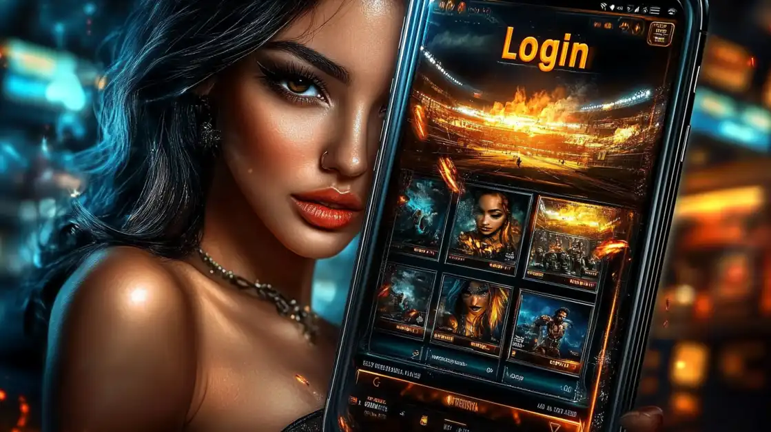 A woman holds a smartphone showing the secure login screen for the bgd99 mobile gaming app, which features a gallery of epic and fantasy-themed games.