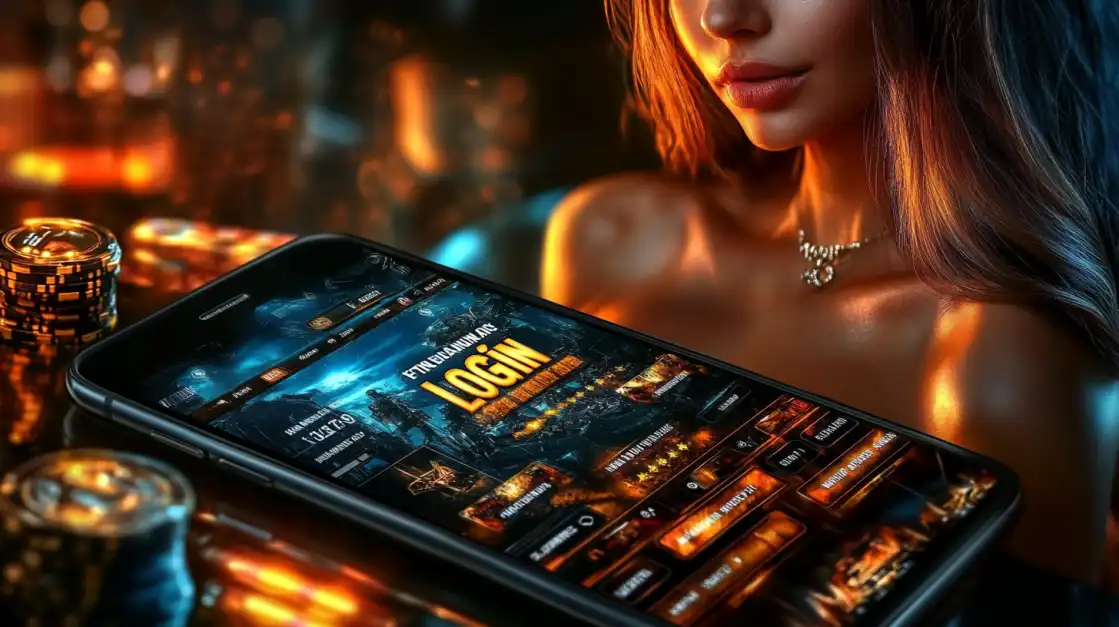 A close-up of a smartphone with the bgd99 app login screen, surrounded by casino chips, highlighting the seamless transition to real-money mobile gaming.