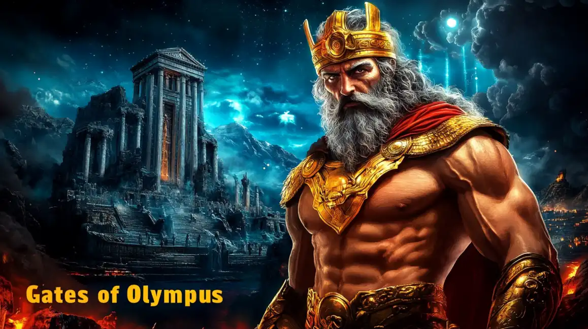 A powerful depiction of Zeus from the Gates of Olympus slot game, standing before Mount Olympus, inviting players to try this epic game on bgd99 for godly wins.