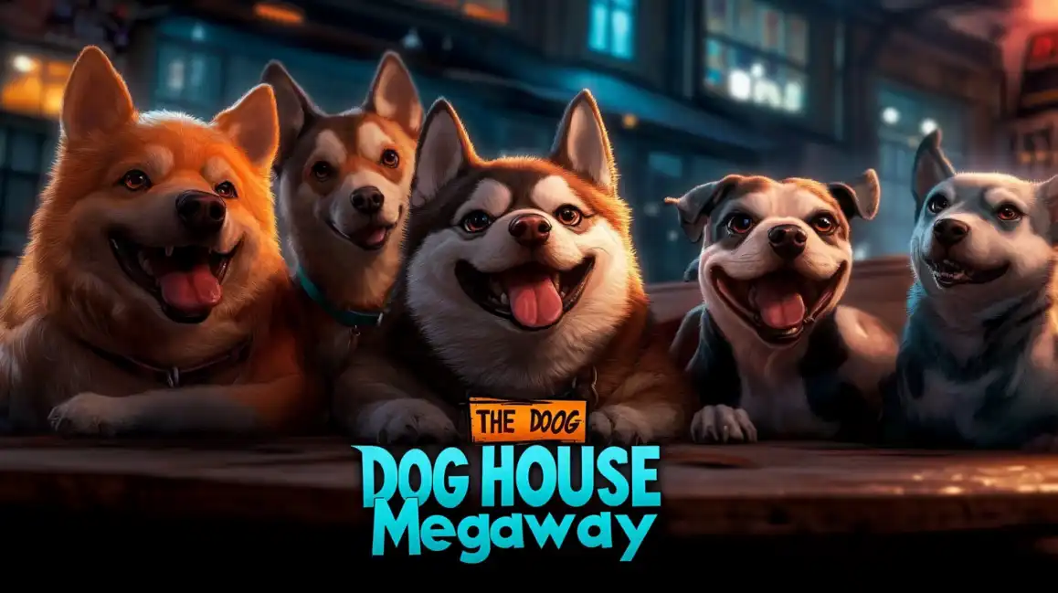A cheerful group of dogs from The Dog House Megaway slot game, a popular and fun-filled game available at the bgd99 online casino with many ways to win.